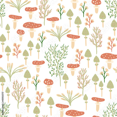 Seamless pattern with cute mushrooms and plants for stationery, textile, fabric, wrapping paper 