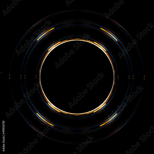 Vivid abstract background. Beautiful design of rotation frame. .Mystical portal. Bright sphere lens. Rotating lines. Glow ring. .Magic neon ball. Led blurred swirl. Spiral glint lines. HUD