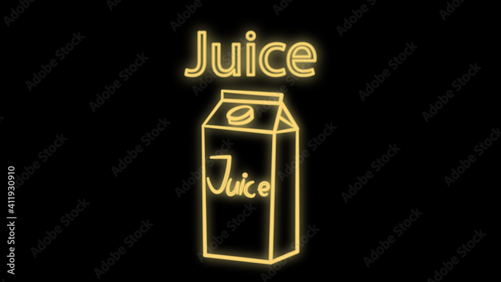 Carton of juice neon sign. Glowing illustration of pack of juice with piece of orange and plastic tube on blue brick background. Can be used for shops, grocery stores, advertisements, supermarkets Carton of juice neon sign. Glowing illustration of pack of juice with piece of orange and plastic tube on blue brick background. Can be used for shops, grocery stores, advertisements, supermarkets