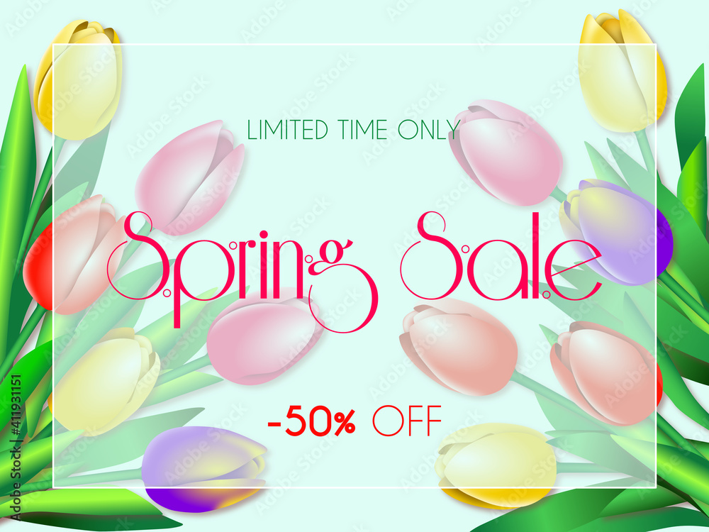 Spring big sale green banner with tulips Spring big sale green banner with tulips