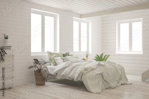 White bedroom interior. Scandinavian design. 3D illustration