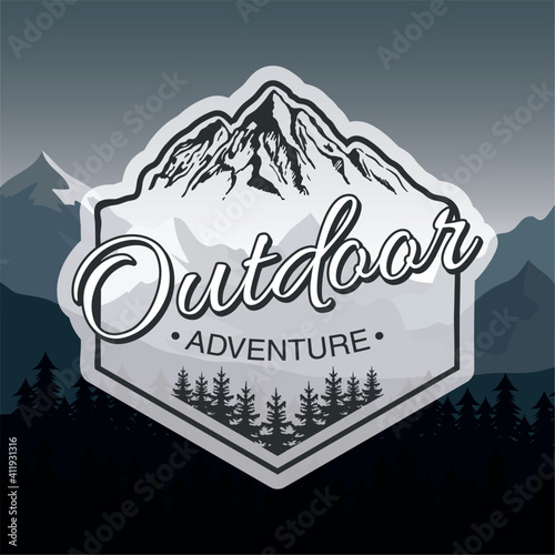 outdoor adventure lettering emblem with mountains in landscape