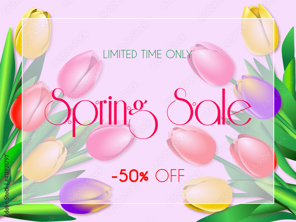 Spring sale violet vector card with tulips. Limited time only
