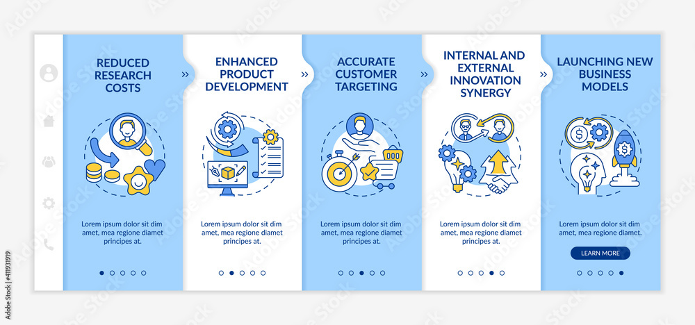 Open innovation advantages onboarding vector template. Reduced research costs. Accurate customer targeting. Responsive mobile website with icons. Webpage walkthrough step screens. RGB color concept