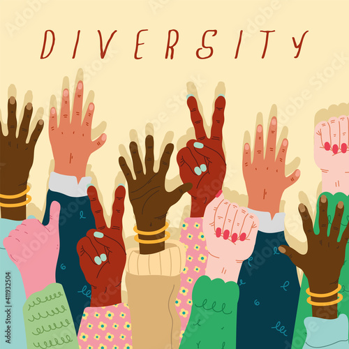 group of diversity hands humans up and lettering