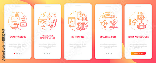 Industry 4.0 trends onboarding mobile app page screen with concepts. Smart sensors, predictive maintenance walkthrough 5 steps graphic instructions. UI vector template with RGB color illustrations