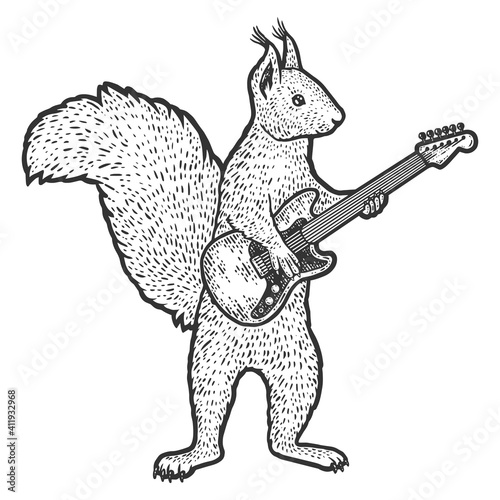 Squirrel plays the electric guitar. Engraving vector illustration. photo