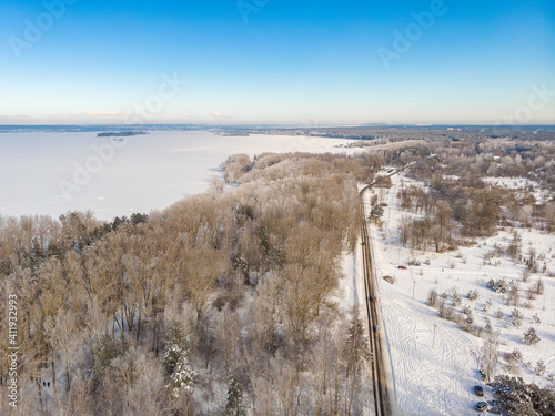 Frozen lake Minsk sea in Belarus. Drone aerial photo