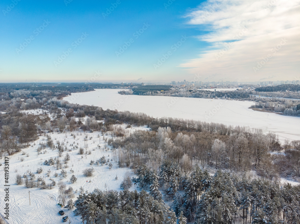 Frozen lake Minsk sea in Belarus. Drone aerial photo