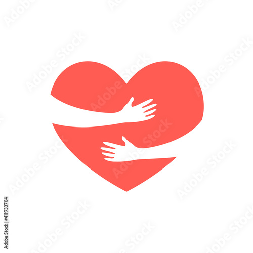 Hugging heart, hands holding heart, charity icon, love yourself, concept of volunteers. Vector illustration isolated on white background