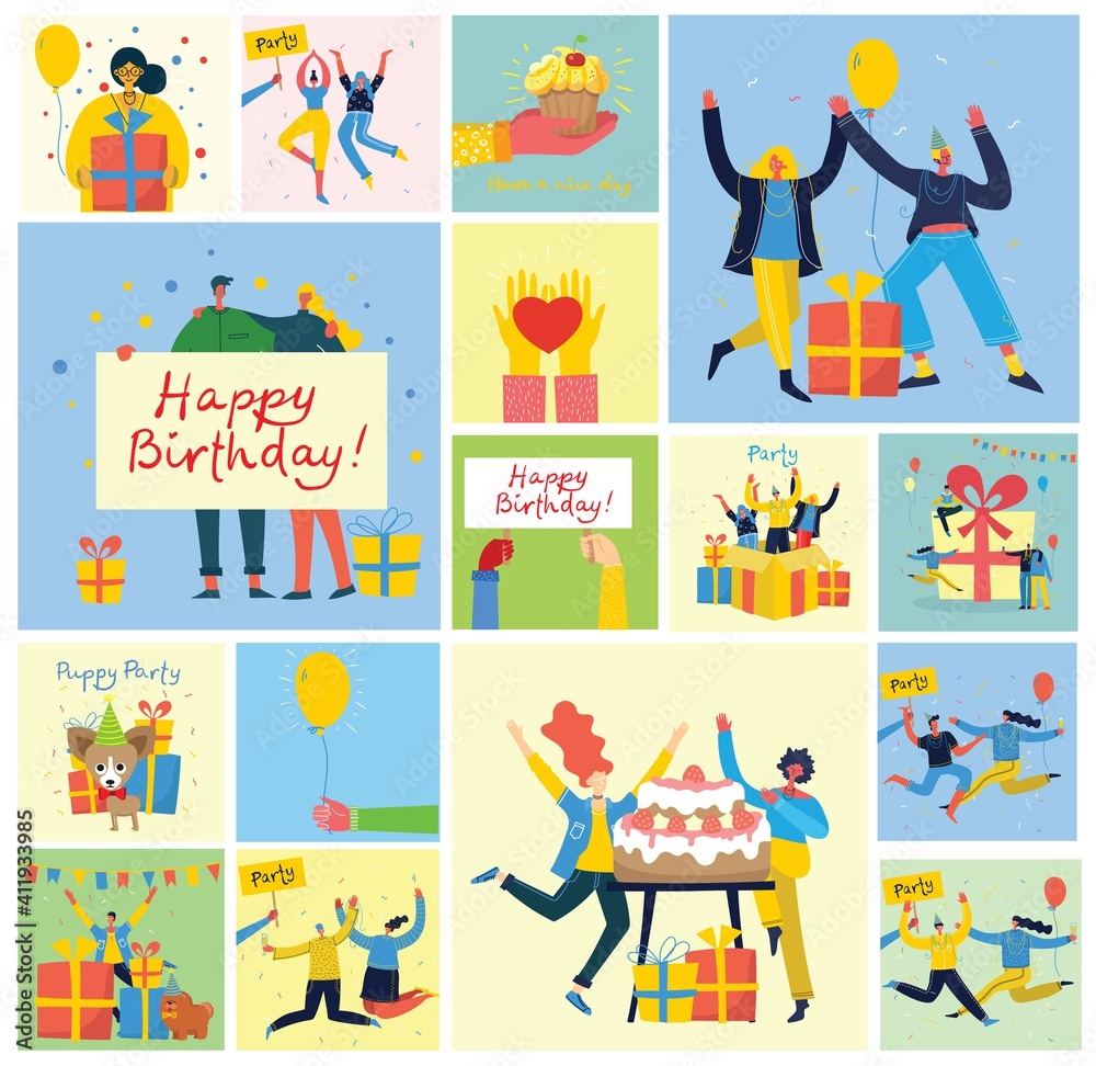 Party background. Happy group of people jumping on a bright background. The concept of friendship, healthy lifestyle, success. Vector illustration