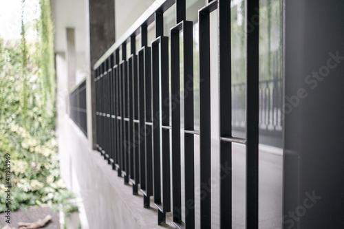 Iron balustrade terrace side view perspective, dynamic and modern image