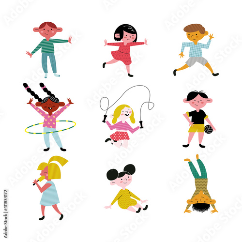 happy little nine kids practicing activities avatars characters