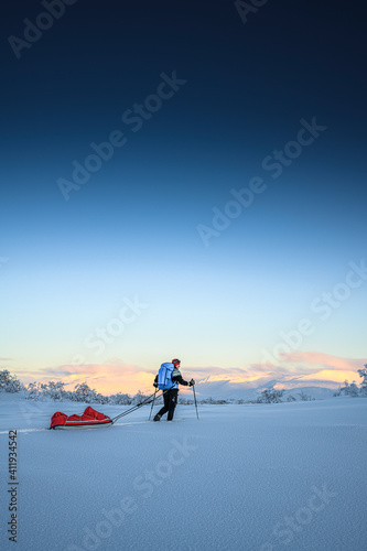 Woman walking in winter lanscape in Norway with pulkas