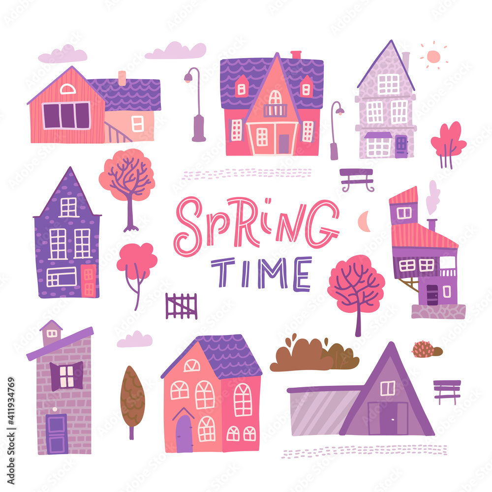 Set of detailed colorful houses for spring design. Trendy style cute buildings. Vector flat illustration with lettering - Spring time.