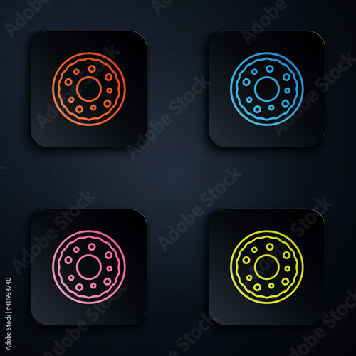 Color neon line Donut with sweet glaze icon isolated on black background. Set icons in square buttons. Vector.