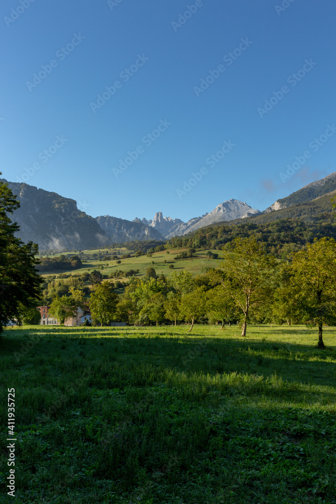 Obraz premium The Naranjo de Bulnes, known as Picu Urriellu, from Pozo de la Oracion viewpoint (mirador) at Arenas de Cabrales, Picos de Europa National Park in Asturias, Spain.