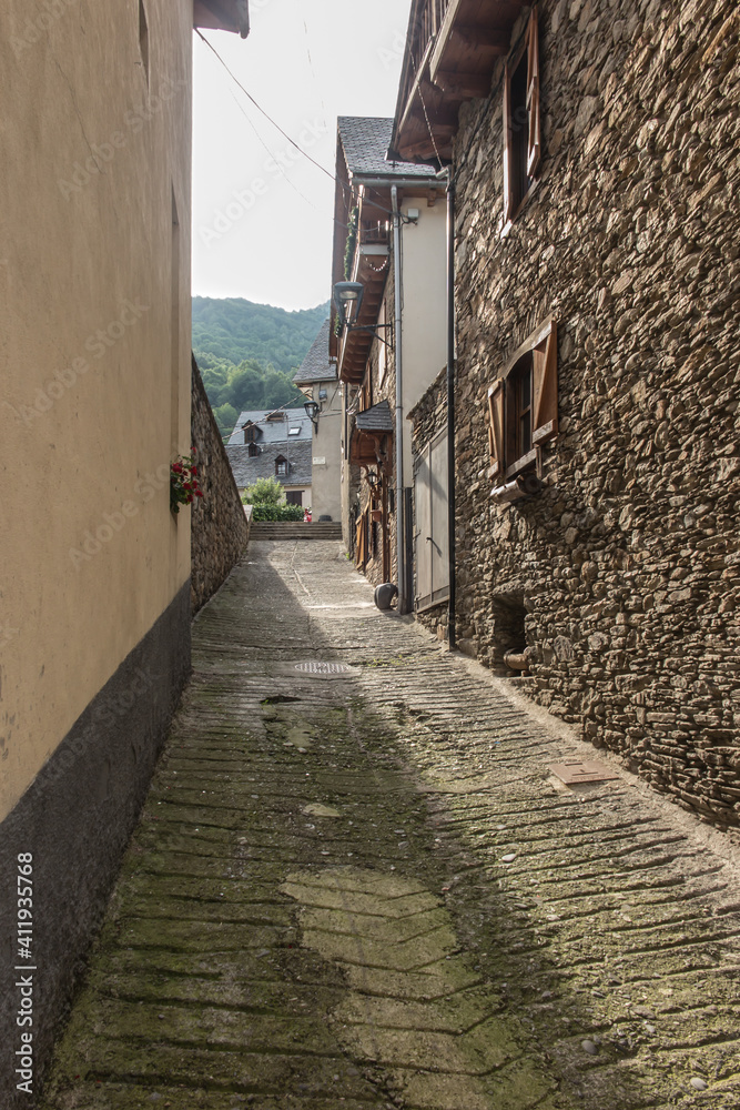 A narrow street in the Catalan village of Bossost in Spain.