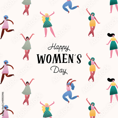 happy womens day lettering card with pattern girls