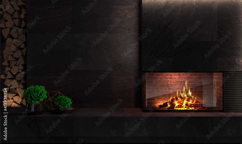Modern glass corner fireplace in the interior Stock Illustration