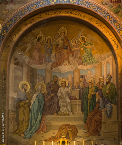 Lourdes, France, June 24 2019: Interior of the Rosary Basilica in Lourdes, France.