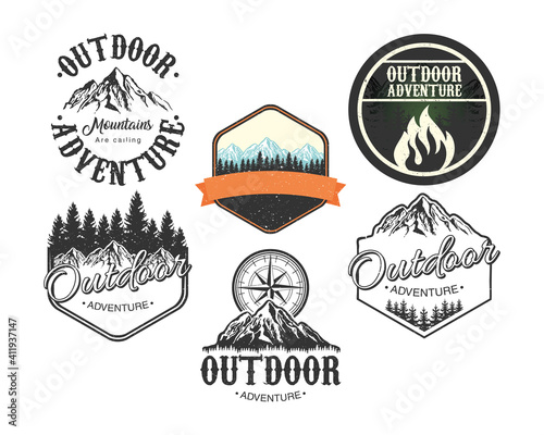 bundle of six outdoor adventure letterings emblems with set landscapes