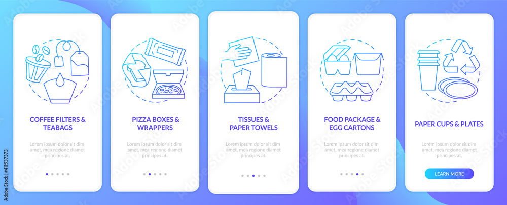 Food-spoiled paper waste onboarding mobile app page screen with concepts. Paper towels, package, egg cartons walkthrough 5 steps graphic instructions. UI vector template with RGB color illustrations