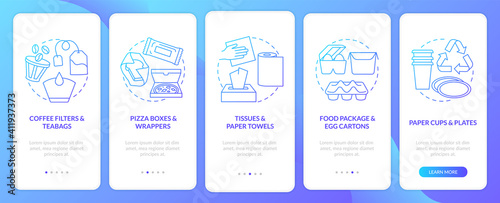 Food-spoiled paper waste onboarding mobile app page screen with concepts. Paper towels, package, egg cartons walkthrough 5 steps graphic instructions. UI vector template with RGB color illustrations