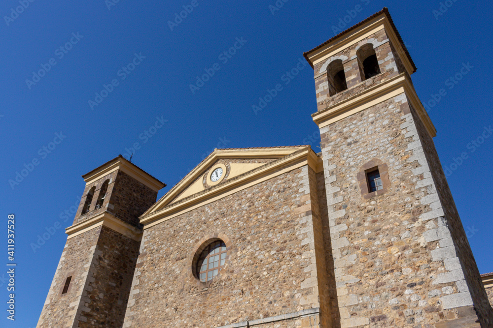 The facade of Iglesia nueva de San Vicente church (New Church Of San Vicente), Potes, Picos de Europa, Cantabria, Spain.