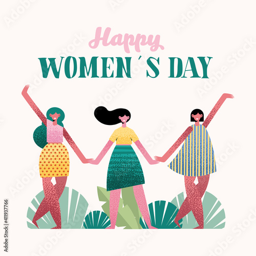 happy womens day lettering card with girls in the camp