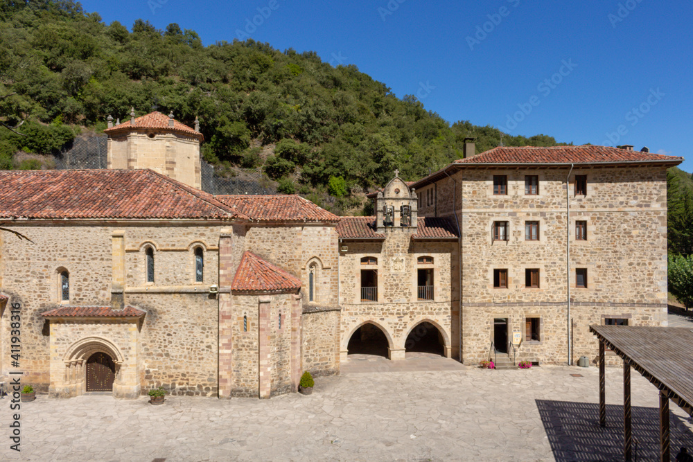 Potes, Spain - September 2, 2020: The Monastery of Santo Toribio de Liébana is a Roman Catholic monastery located in the district of Liébana, near Potes in Cantabria, Spain.