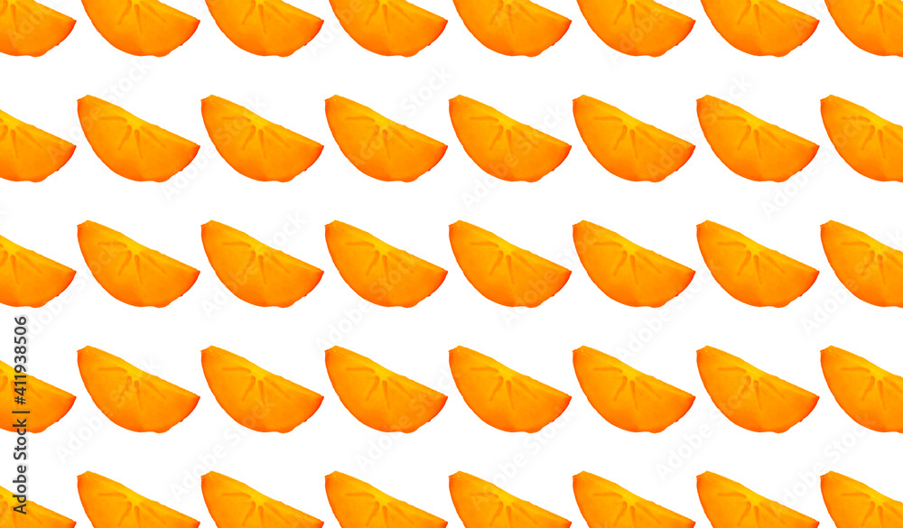 Fresh cut slices of persimmon with a shadow on a white background. Seamless pattern. Fresh cut slices of persimmon with a shadow on a white background. Seamless pattern.