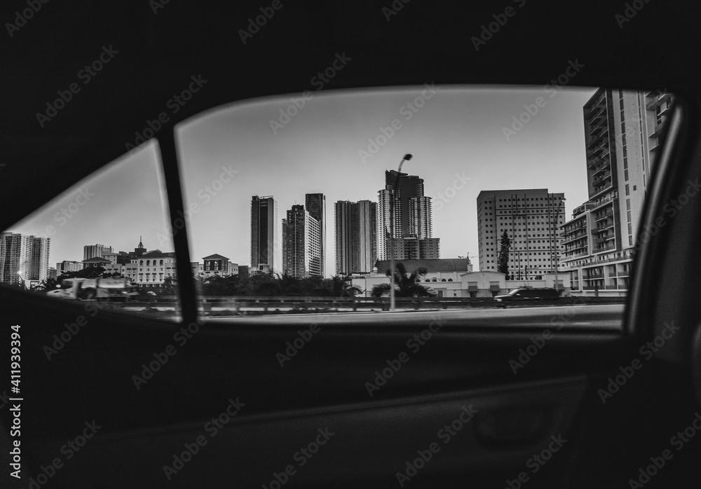 Εκτύπωση καμβά view city interior car buildings highway travel black white miami florida