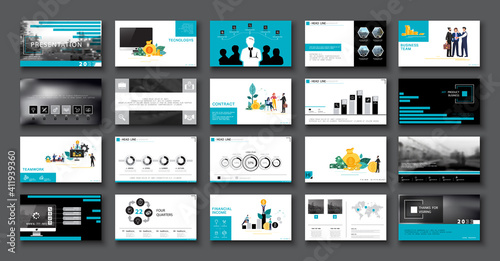 Business presentation, Powerpoint infographic design template, blue black elements, white background set. New technology. Team of people creates a business, teamwork. Financial work.Use of flyers, SEO