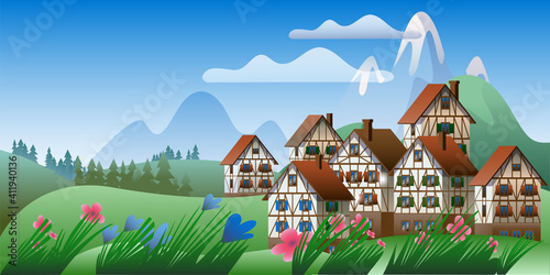 Spring mountain landscape with half-timbered houses. Vector illustration on the theme of the Bavarian Alps. Horizontal banner template.
