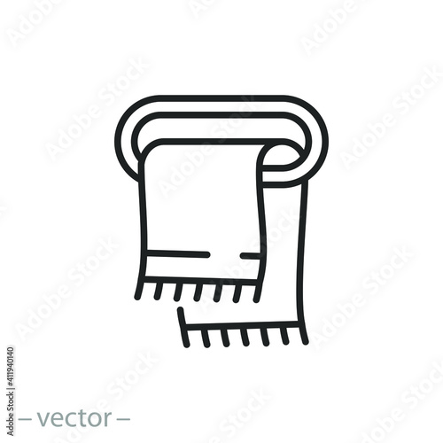 clean bathroom towel on the wall, icon, hanger with terry cloth, thin line web symbol on white background - editable stroke vector illustration