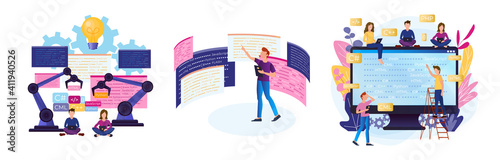 Set of web programming. Artificial intelligence, machine tool control, machine learning, abstract dashboard metaphor.
