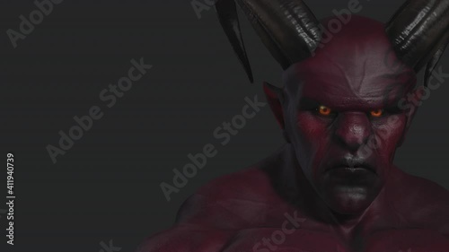 Red demon, devil, imp, monster with twisted horns and muscle hillocks. Close-up. Face expression. Part 1 from 6. Alpha channel only in 4k .mov version