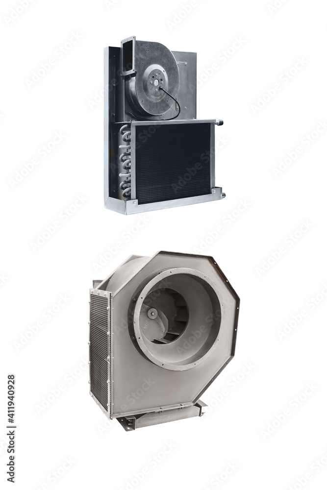 Few modern industrial fans closeup isolated on white background