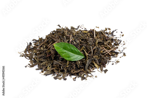 Dried green tea on the white background