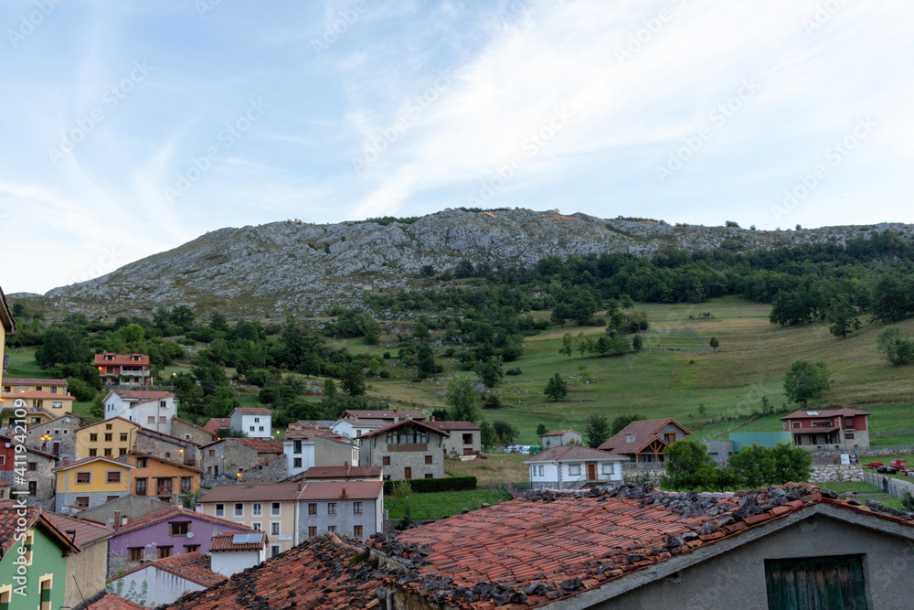 Obraz premium Sotres village in the Europa Peaks (Picos de Europa National Park), Cantabrian Mountains, northern Spain.