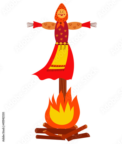 Traditional effigy burnt on the feast of Maslenitsa or Shrovetide. Maslenitsa doll isolated on white background for Slavic traditional Russian winter festival. Vector cartoon illustration