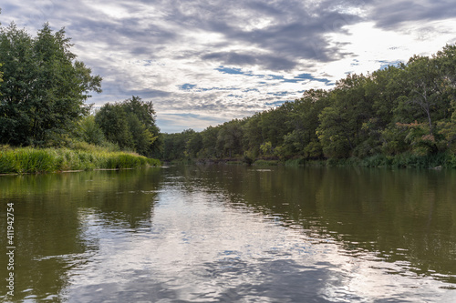 Floodplain of the Khopyor River. Rafting in the summer on a kayak on the river. Individual hike. Solo.