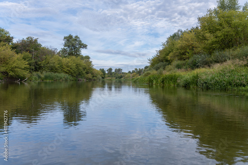 The bed of the Khopyor river. Kayaking down the river in summer. Solo hike.