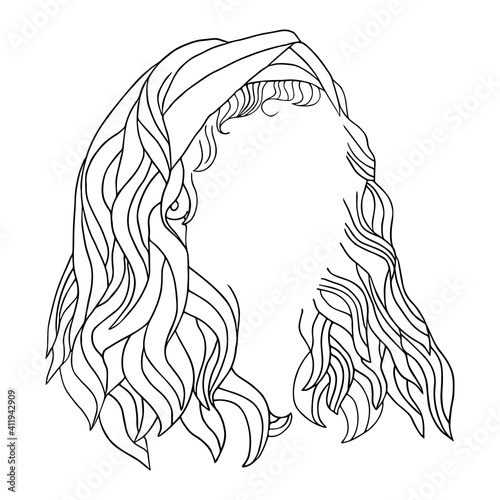 Hair frame for face. Shaggy hairstyle silhouette. Woman hairstyle icon. Loose wave hair. Vector illustration. Icon for hairdresser, stylist. Black curls of long women hair with a rag handkerchief