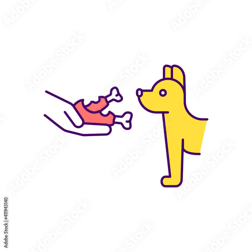 Dog feeding RGB color icon. Giving animals raw meat. Omnivorous foods. Animal welfare. Feeding stray dogs. Giving food second chance. Reducing food waste. Isolated vector illustration