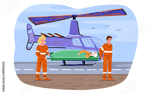 Male and female medic rescuers transporting male patient to helicopter for emergency delivery to hospital. Concept of ambulance medical staff service. Flat cartoon vector illustration