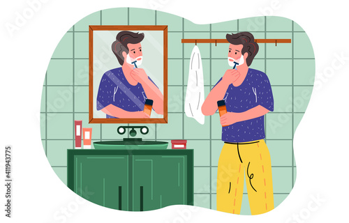 Male character standing against mirror and shaving beard. Man uses foam and shaving stick in bathroom at home. Concept of everyday personal care, hygienic procedure. Flat cartoon vector illustration