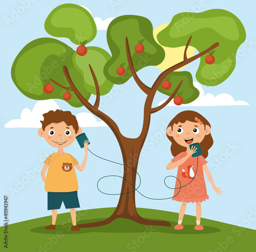 Little girl and boy are talking on toy phone. Two smiling kids having fun and playing near big apple tree. Concept of joyful careless childhood outdoors. Flat cartoon vector illustration