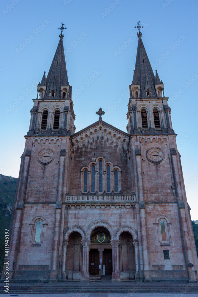 Covadonga, Spain - September 4, 2020: The Basilica of Covadonga (Basilica de Santa María la Real de Covadonga) in Covadonga, Asturias, Spain.